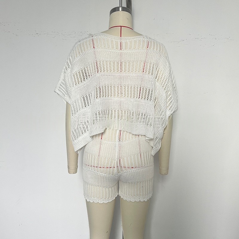 Womens Crochet Knit Two-Piece Set Beach Cover Up Short Sleeve Top with Shorts